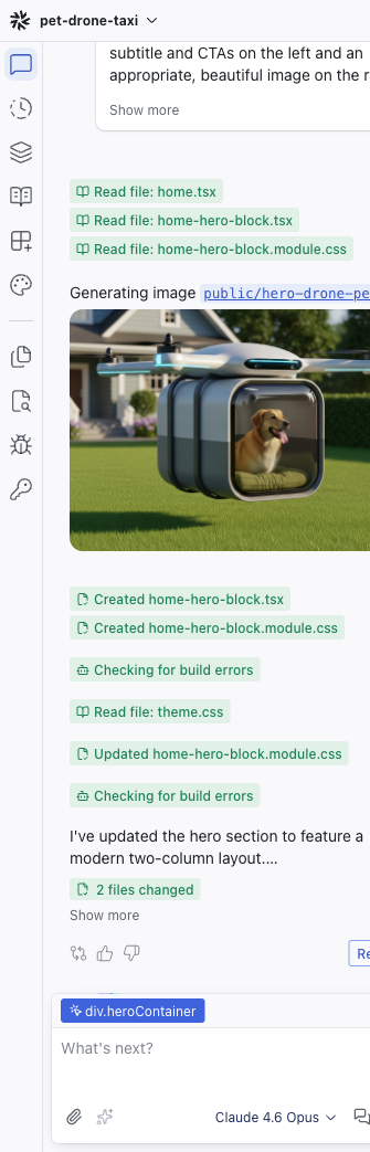The Chat panel showing an AI response with file edit cards and a files changed summary