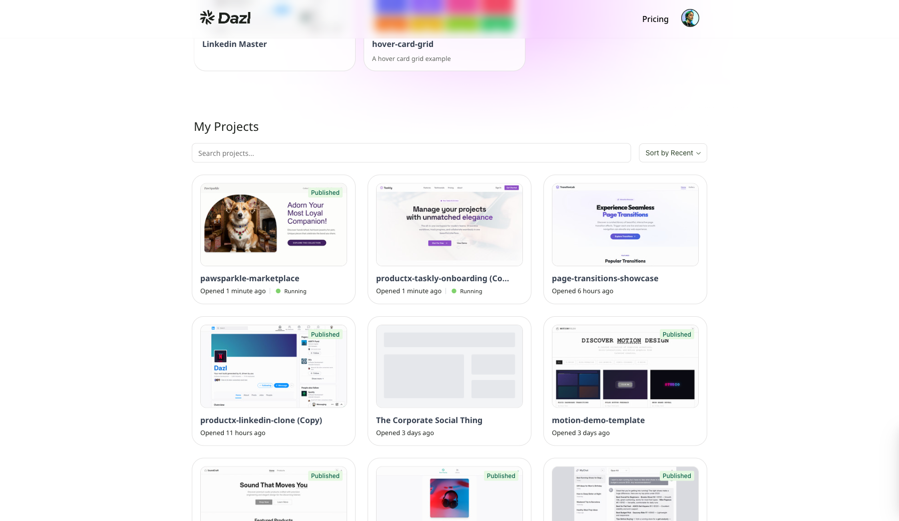 The My Projects grid showing project cards with Published badges and Running indicators