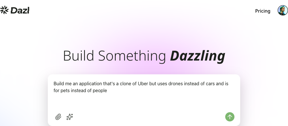 The Dashboard prompt box with a project description typed in