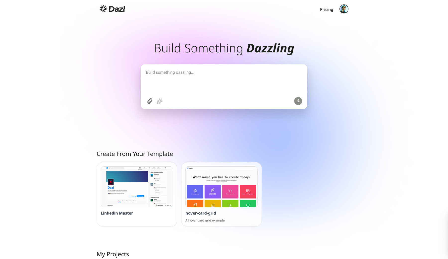 The Dashboard showing the prompt box and the Templates section