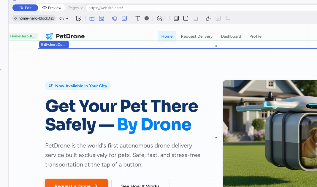 Edit mode with an element selected, showing the blue outline and breadcrumb label