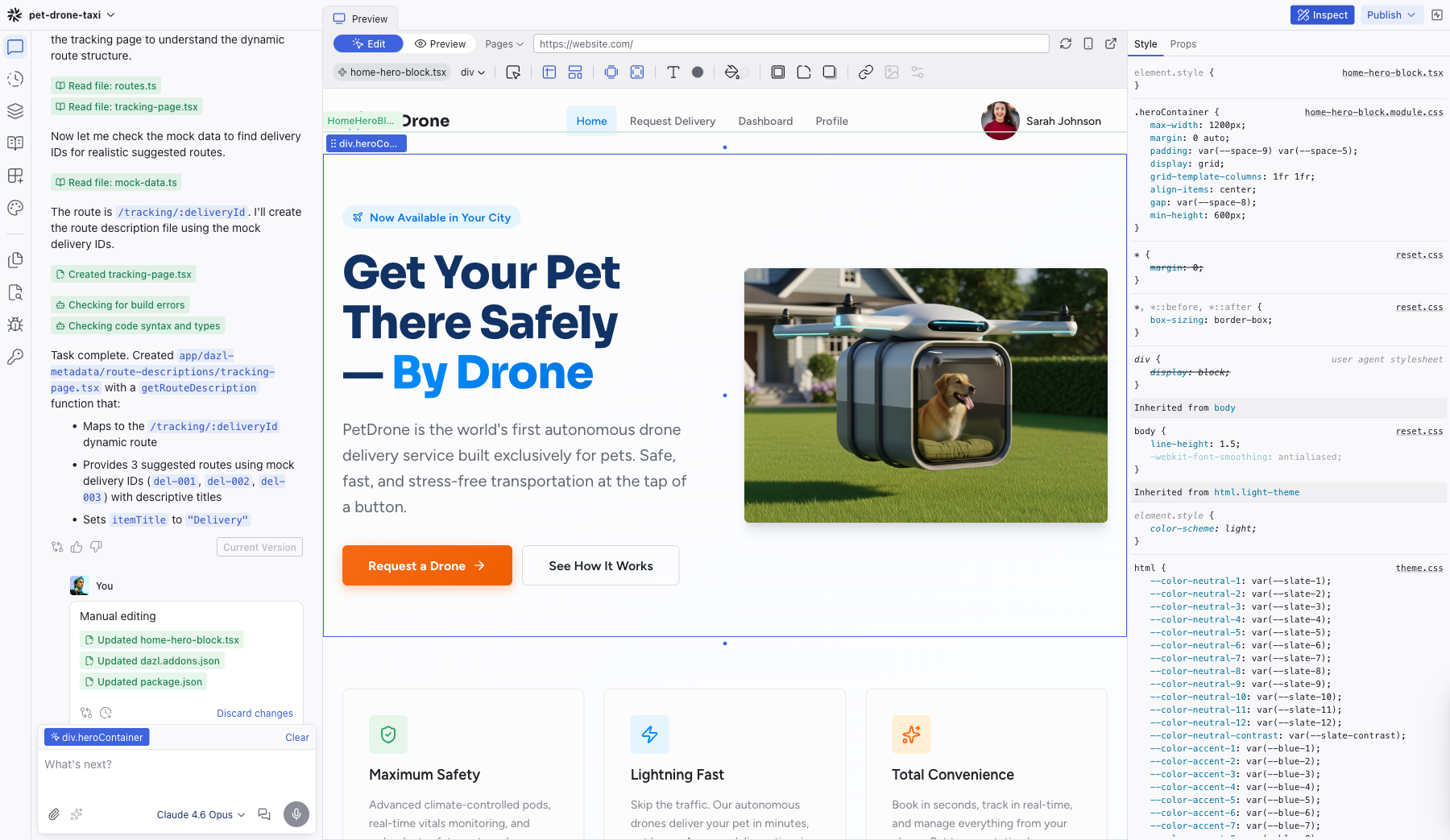 The Editor showing a freshly generated project with the Chat panel, live preview, and Inspect panel