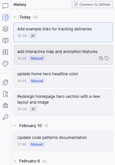 The History panel showing a timeline of revisions grouped by date