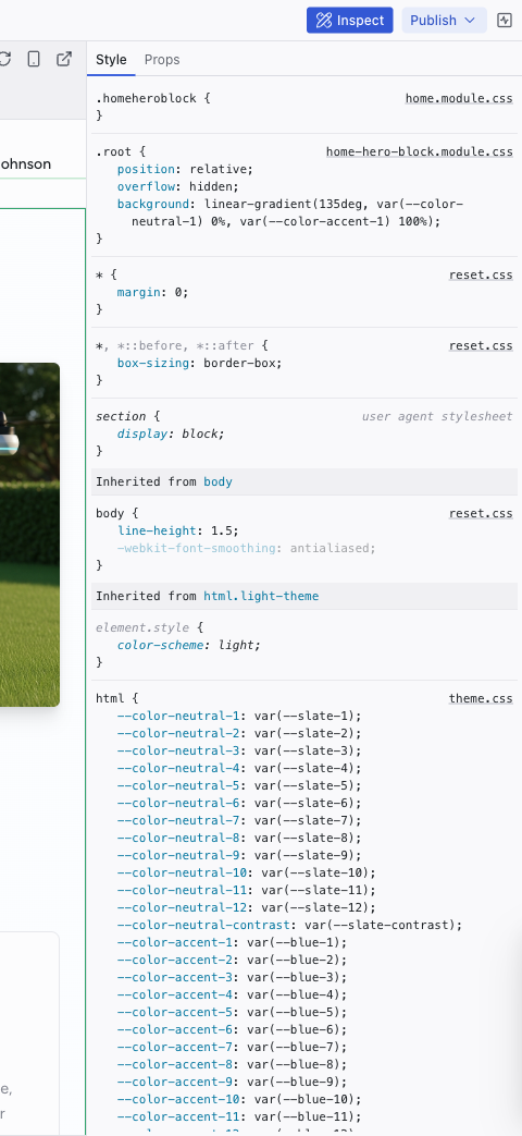 The Inspect panel showing the Style tab with CSS rules for a selected element