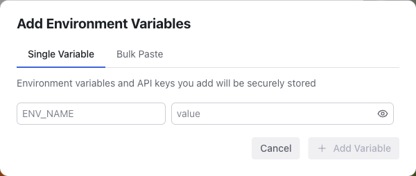 The Add Environment Variables dialog in its initial state with empty name and value fields