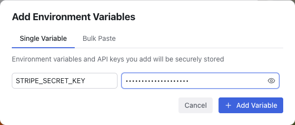 The Add Environment Variables dialog with a name and masked value filled in