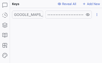 The Keys panel showing a saved environment variable with its value masked