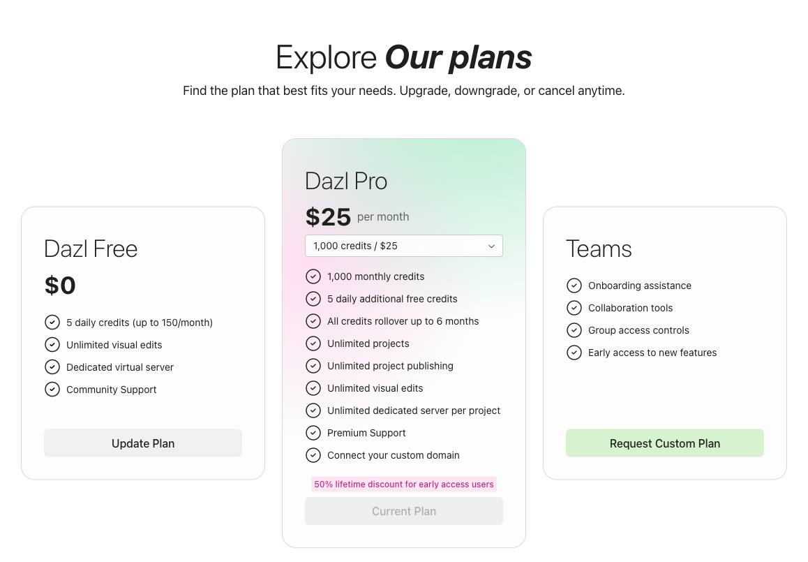 The Pricing page showing Dazl Free, Dazl Pro, and Teams plans
