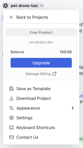 The Project menu showing Save as Template, Download Project, Appearance, Settings, Keyboard Shortcuts, and Contact Us