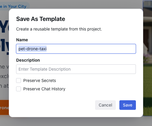 The Save As Template modal with name, description, and options
