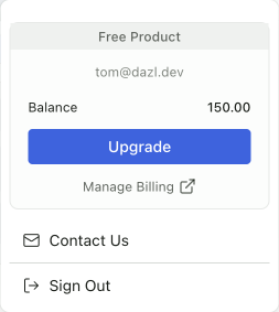The user menu showing the account section with Balance and Upgrade button
